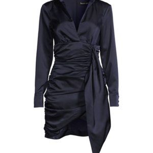 LAVISH ALICE Ruched Satin Wrap Minidress In Navy